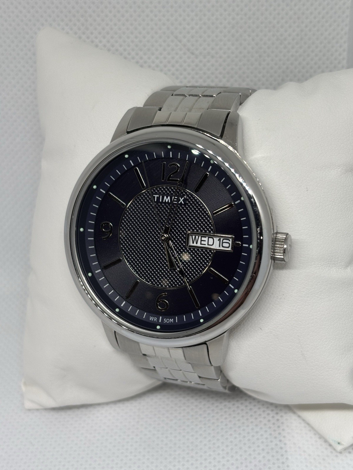 Timex Men’s Blue Dial Day Date Quartz Watch Stainless Steel WR50M Working