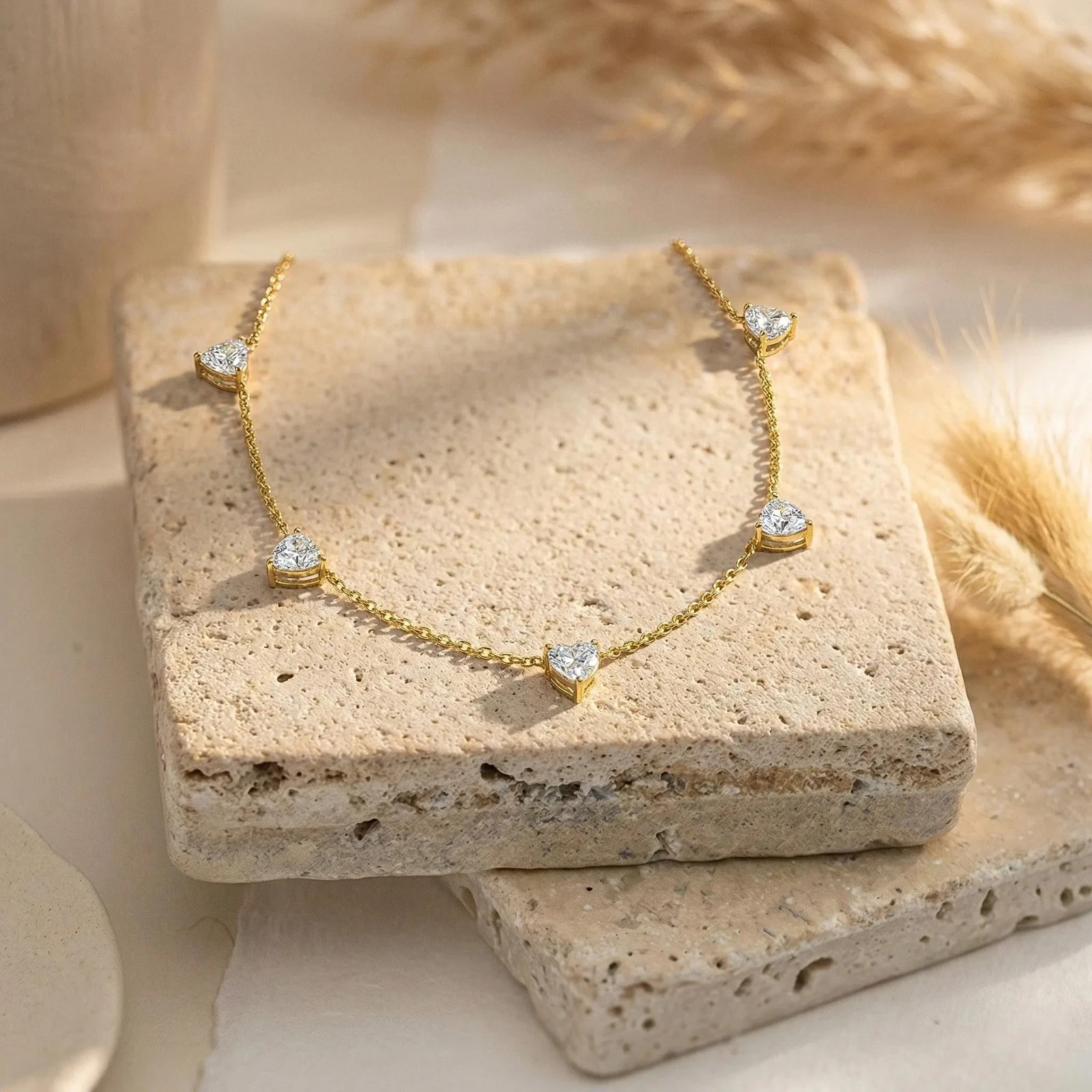 Moissanite Station Necklace for Women, Yellow Gold Plated Heart Cut Chain