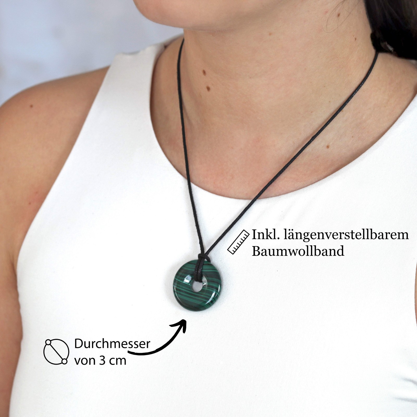 Malachite Donut 30mm Pendant with Cotton Ribbon | Gemstone Jewellery