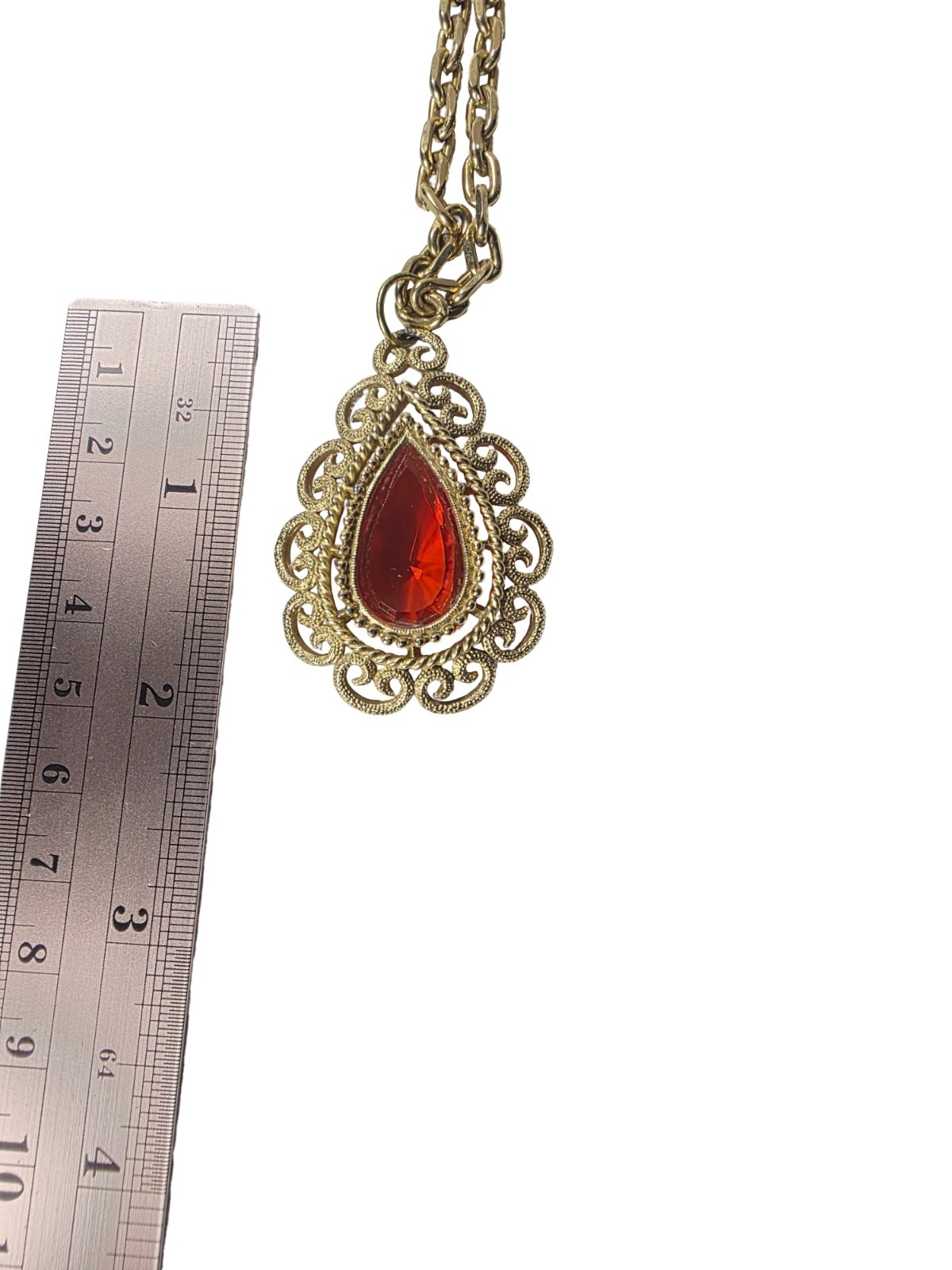 Vintage Avon 1973 Granada Orange Red Filigree Gold Pendant Necklace