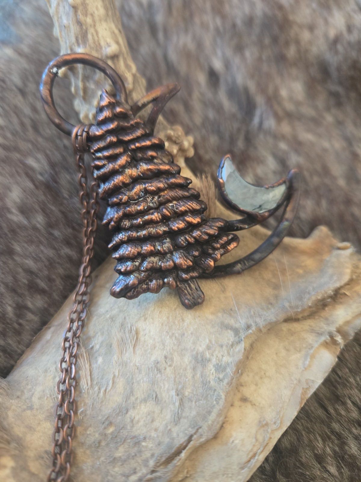Prehnite Crystal Moon Necklace, Hand-Sculpted Tree Pendant, Copper Electroformed