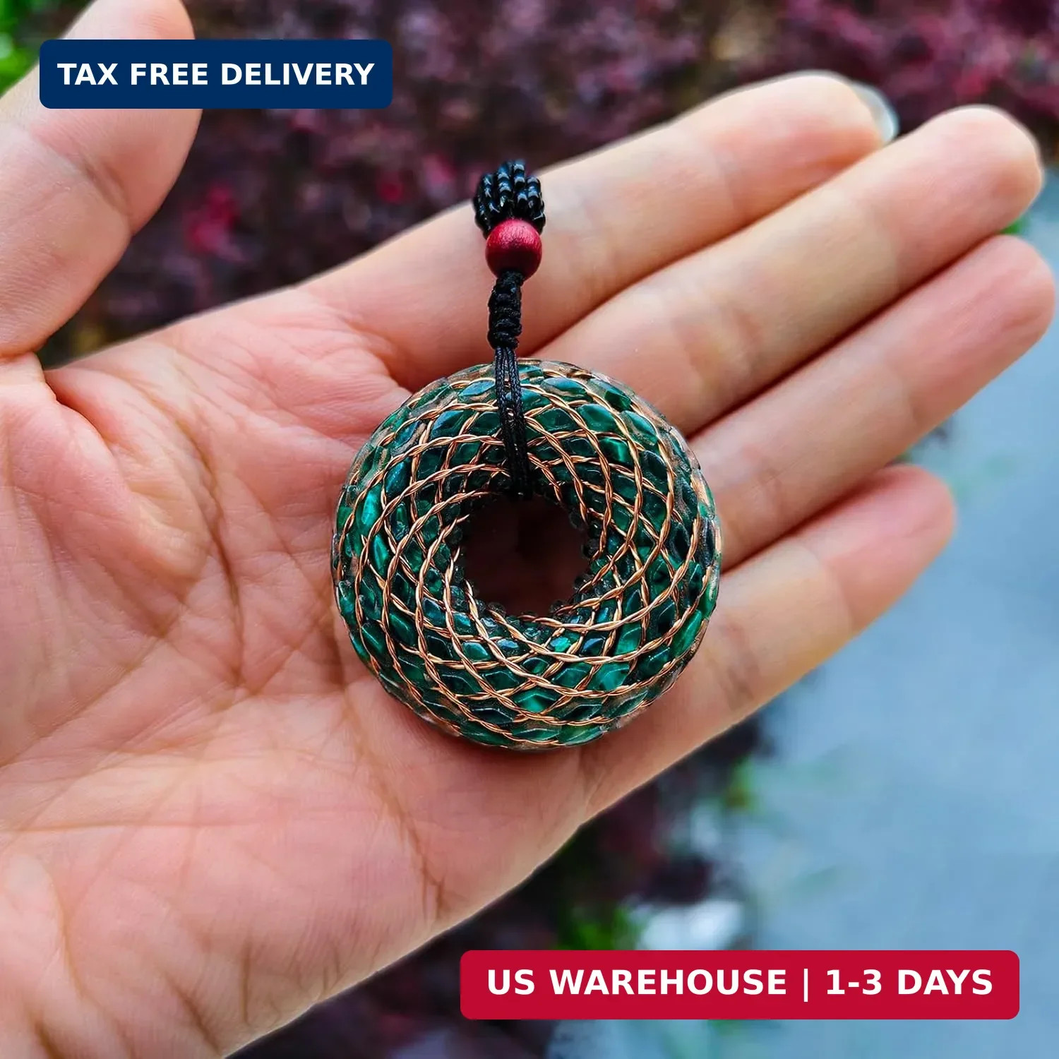 Malachite Orgone Pendant, 4CM Rodin Coil Necklace with 2-Strand Twisted Copper W