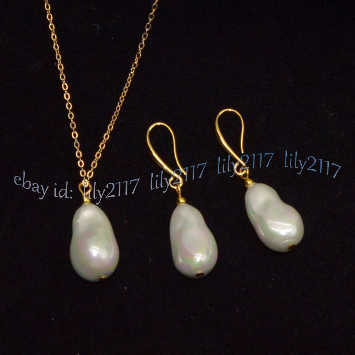 12x20mm White South Sea Baroque Shell Pearl Pendant Necklace Earrings Gold Chain