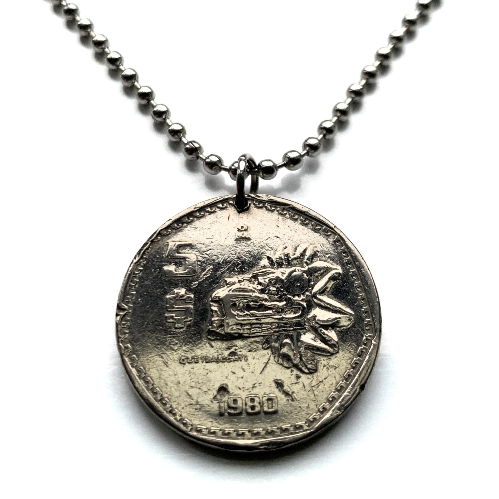 1980 Mexico coin pendant Aztec Quetzalcoatl feathered serpent Teotihuacan 001629