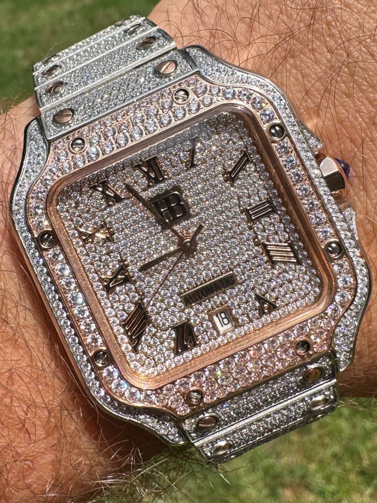 14k Rose Gold Plated & Stainless Steel Two Tone Real Mens Watch Iced CZ Arabic