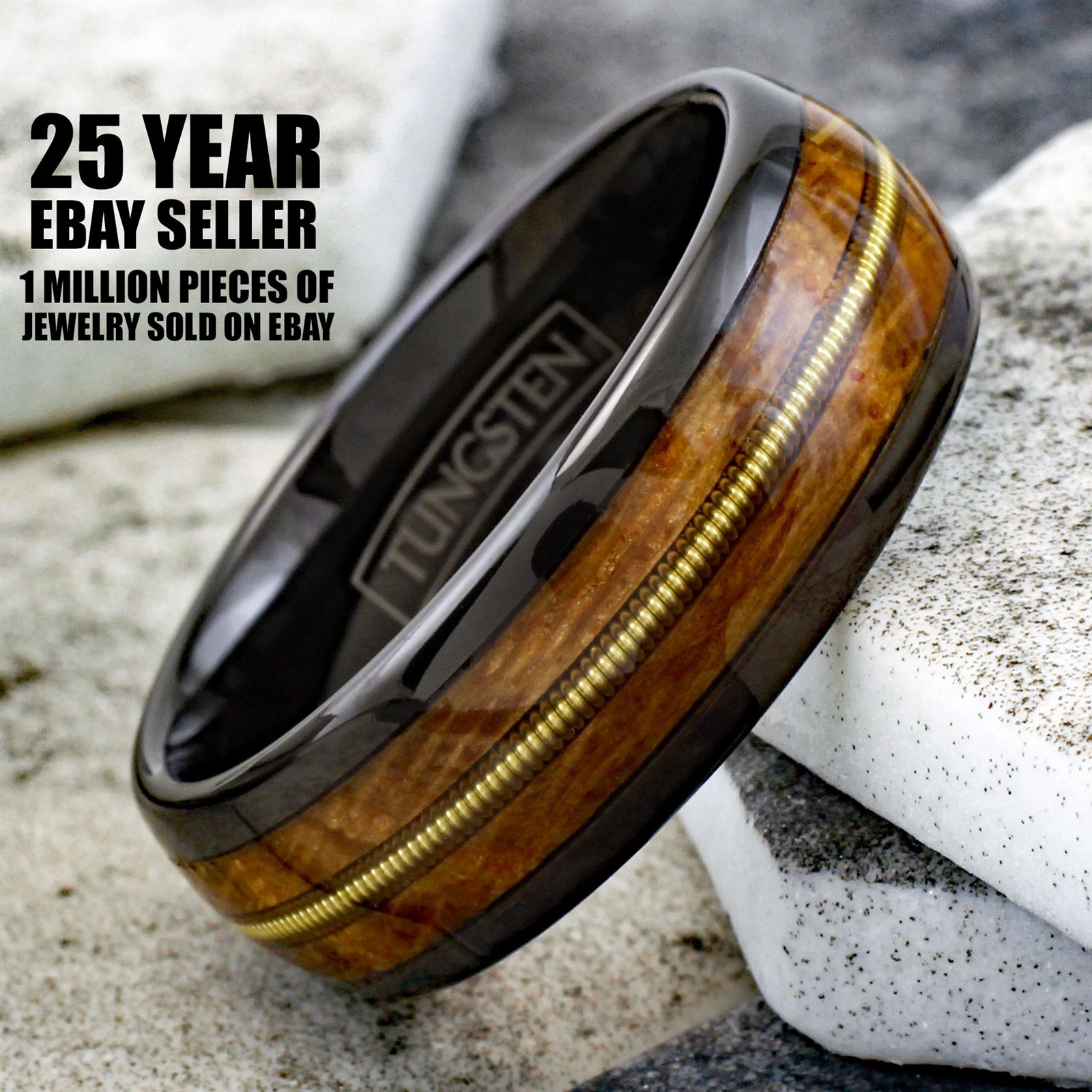 8mm Black Tungsten Whiskey Barrel Wood w/ Guitar String Men’s Wedding Band Ring