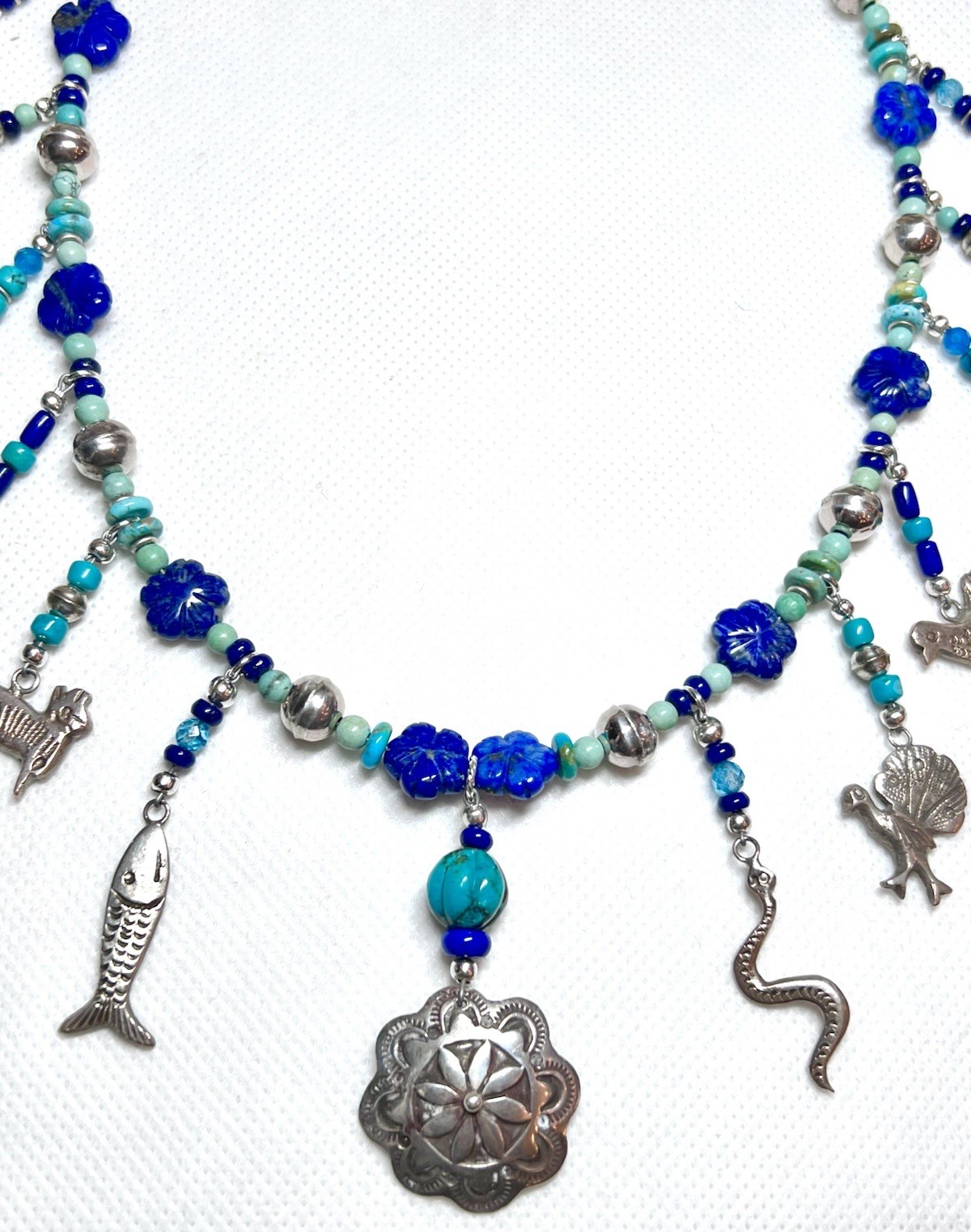 LOVELY Southwest Artisan Sterling Silver Turquoise, Lapis Milagro Charm Necklace