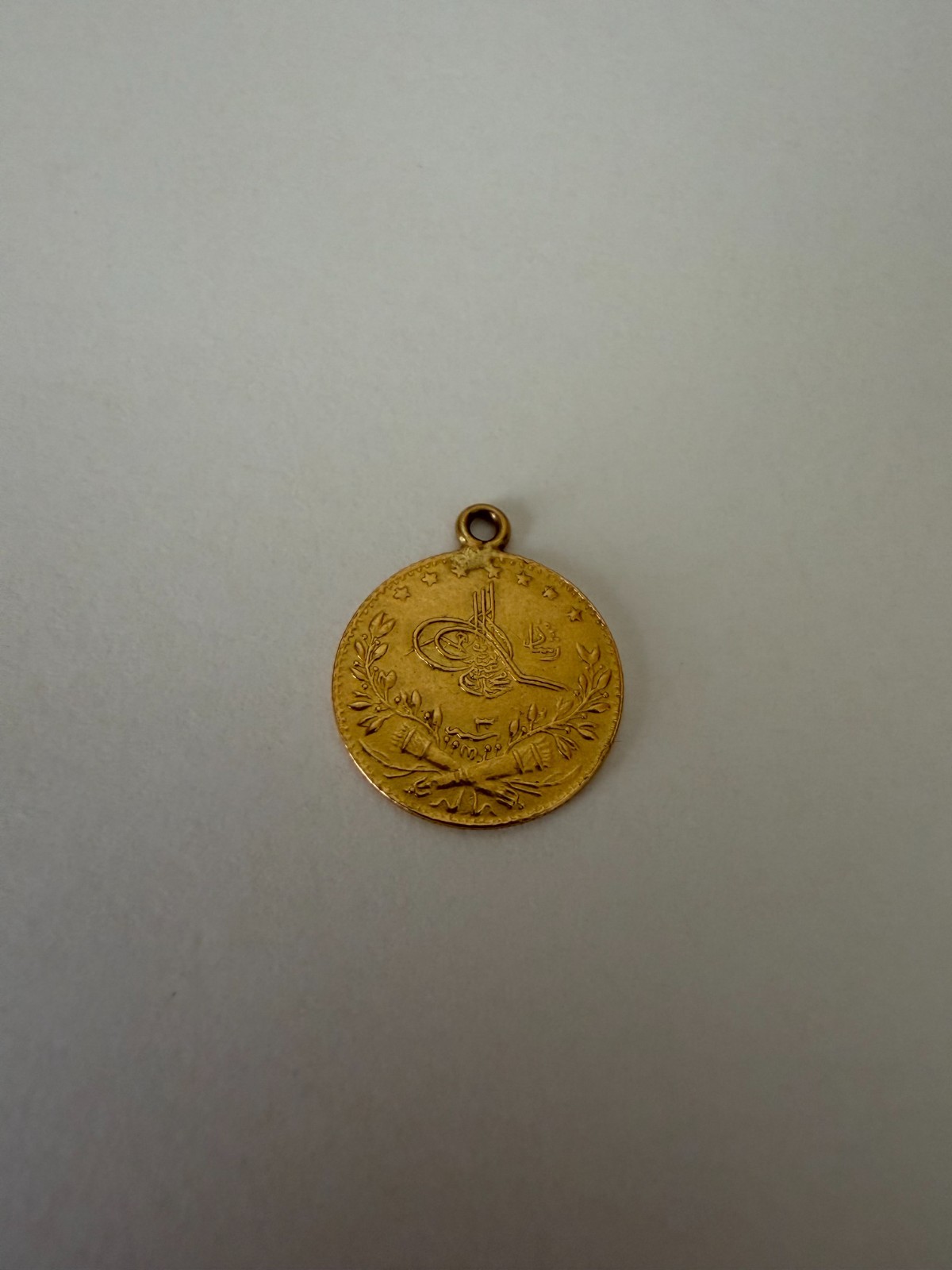Ottoman Empire Gold Coin Pendant AH 1327 Mehmed V Constantinople 25 Kurush 1.8gr