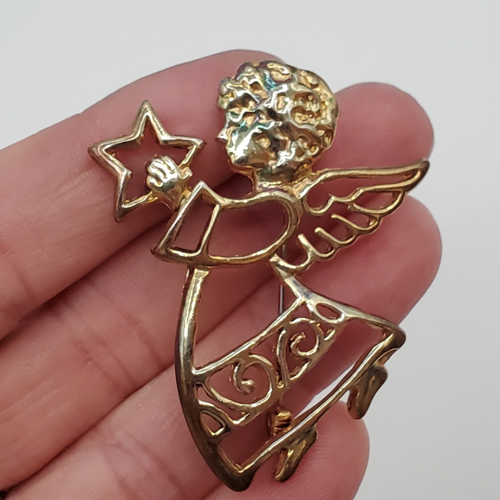 VTG Angel Brooch 2in Gold Tone Angel Star Celestial Open Work Cutout Estate Pin
