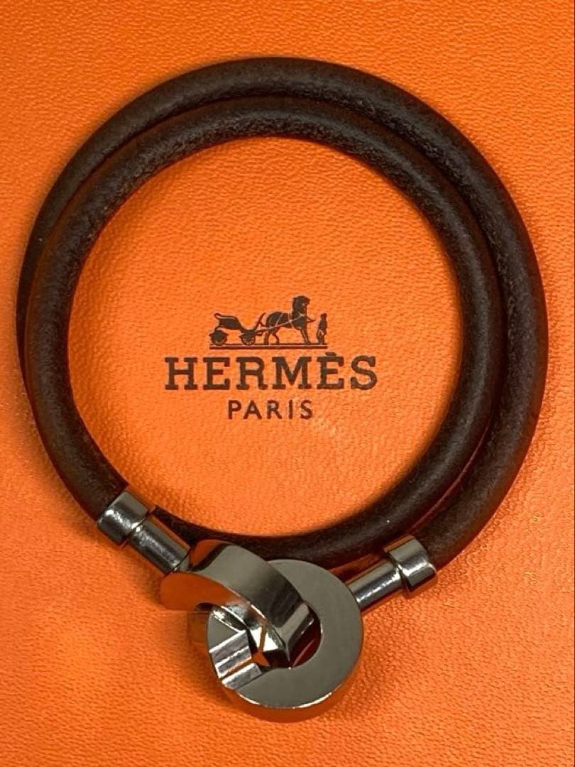 HERMES Lancelot Choker Double Wrap Bracelet Leather Dark Brown Silver w/ Box