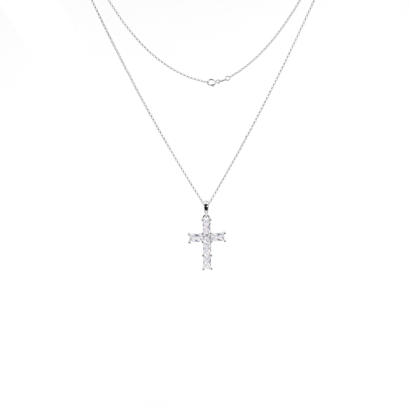 Circle Rolo Chain Necklace Pendant Cross 925 Sterling Silver Zircon Da/He