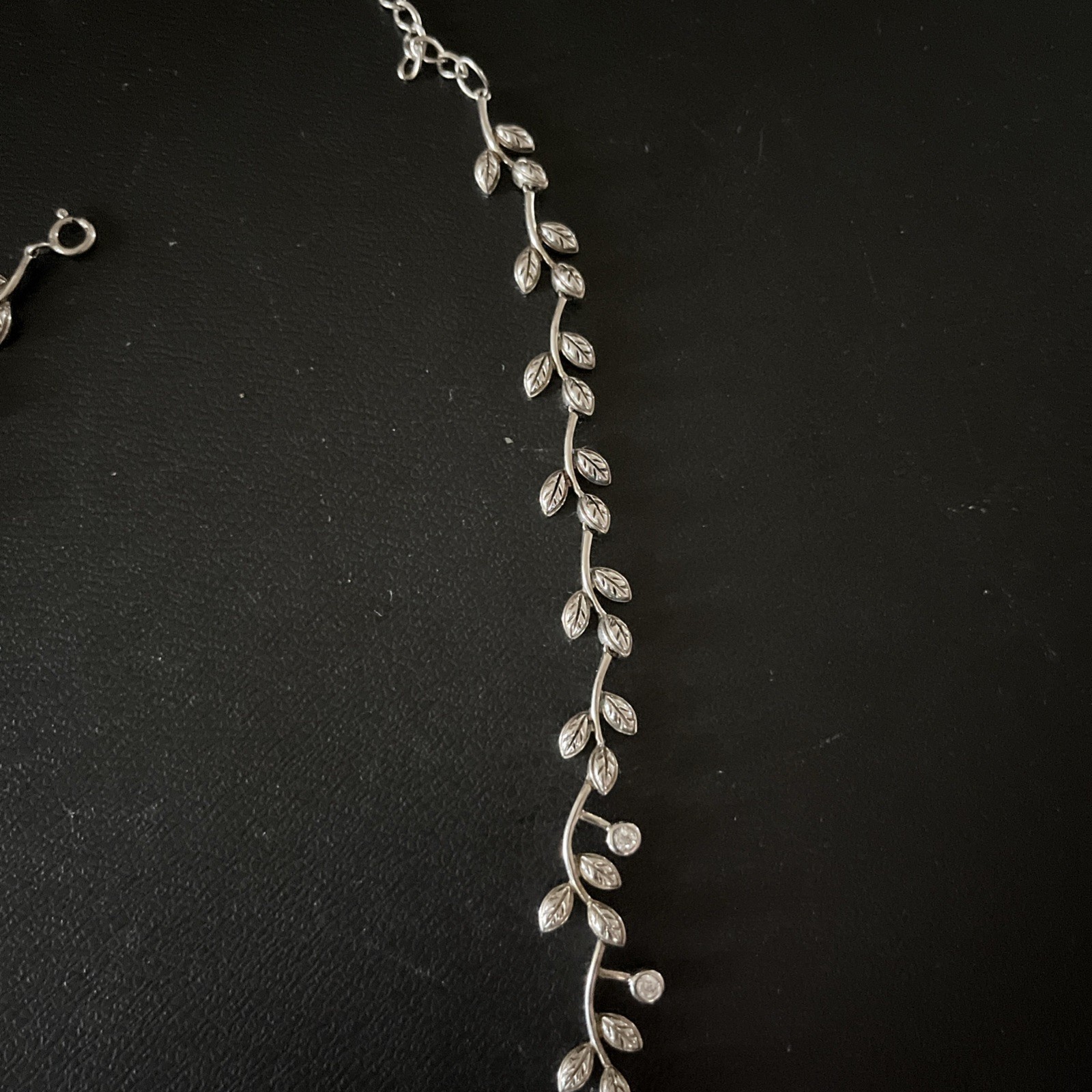Sterling Silver Abstract Leaf & CZ Unique Necklace With 3” Adjustable Extender