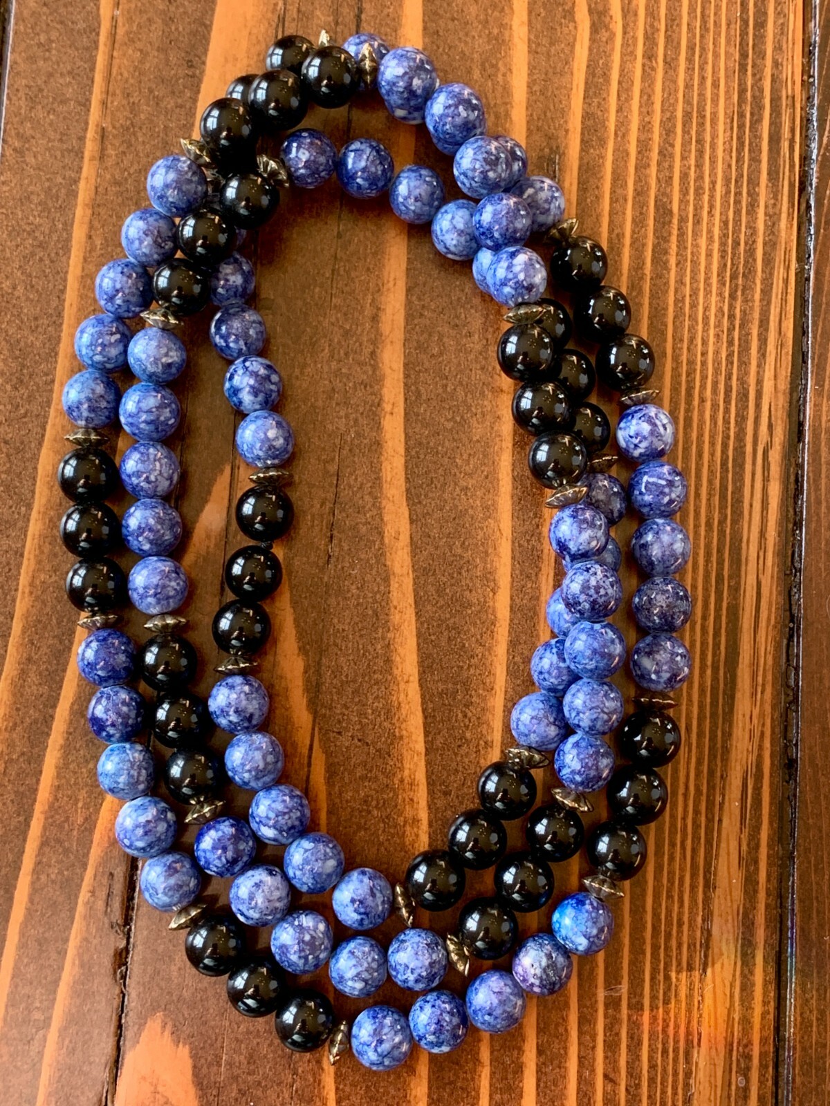 Black Onyx Blue Crackled Jasper NECKLACE 32″ 8mm Beads estate New
