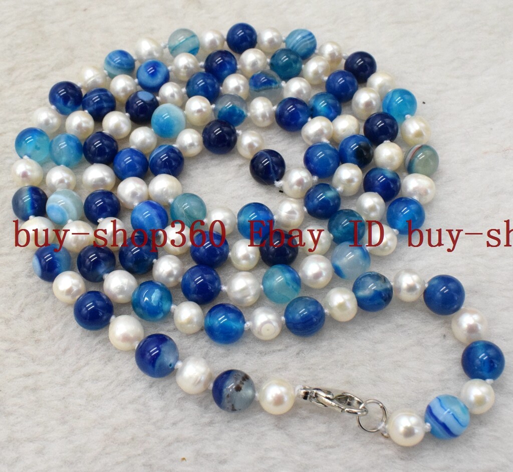 Long 36 Inch 7-8mm Genuine White Pearl & 8mm Blue Striped Agate Necklace
