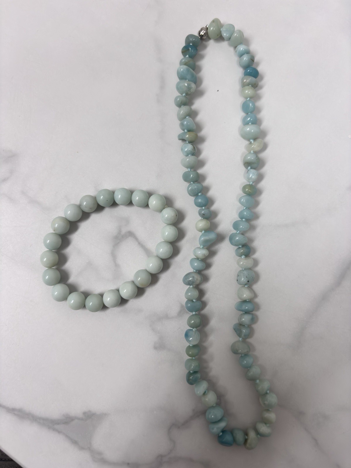 Larimar Or Aquamarine Necklace And Bracelet Hand Beaded Rare With 925 Clasp