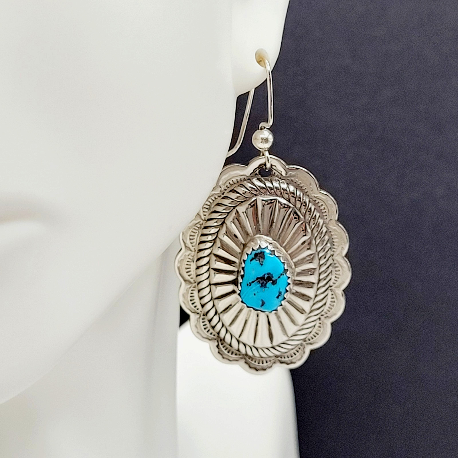 Southwestern Style Silver Tone Turquoise Concho Dangle Pierced Hook Earrings