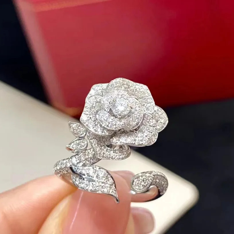 Cocktail Ring Rose Flower Leaves 925 Sterling Silver Adjustable Women Jewelry