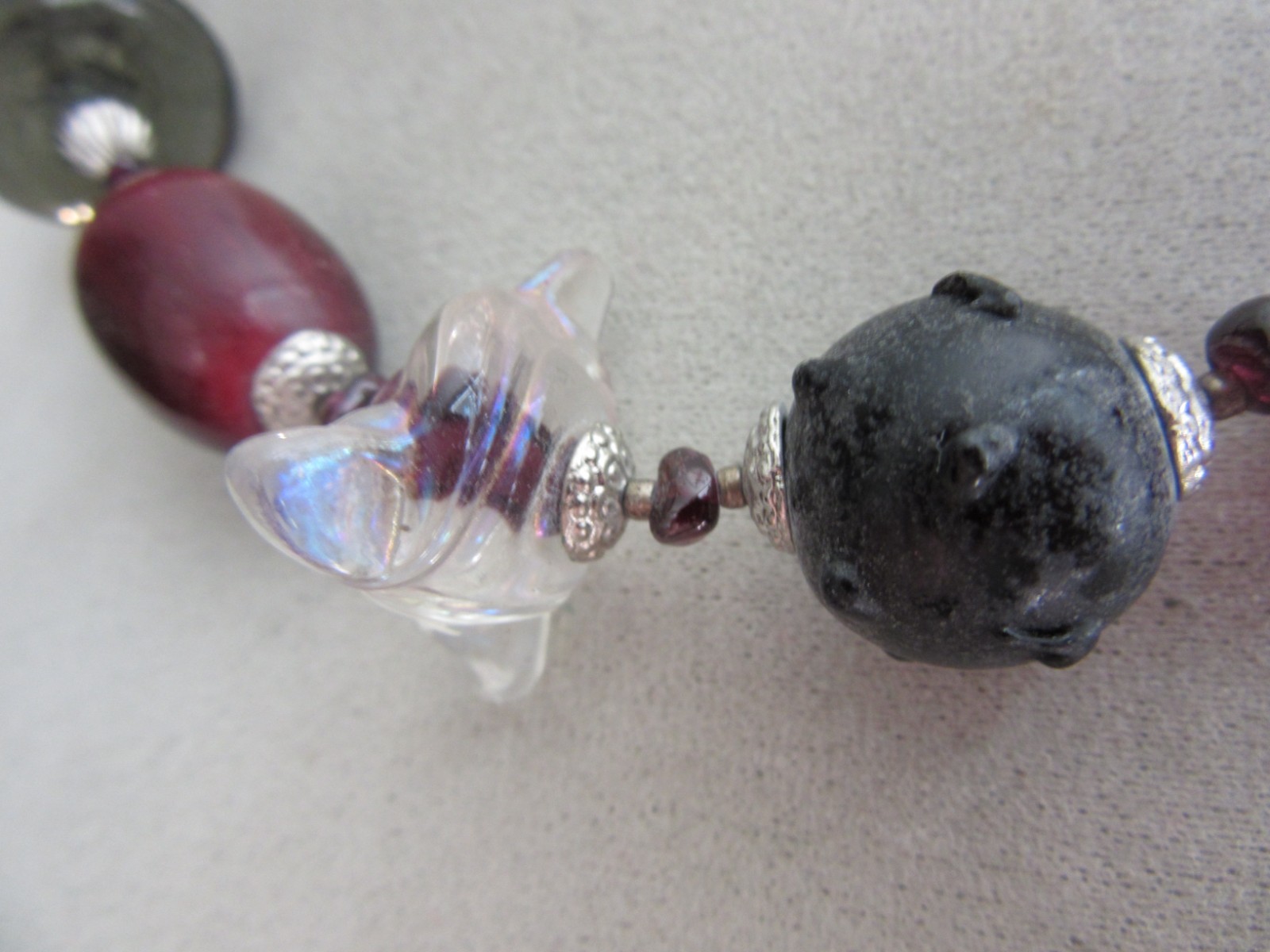 Black , Red and Smokey Art glass beaded necklace with hook clasp – 16″-23″ long