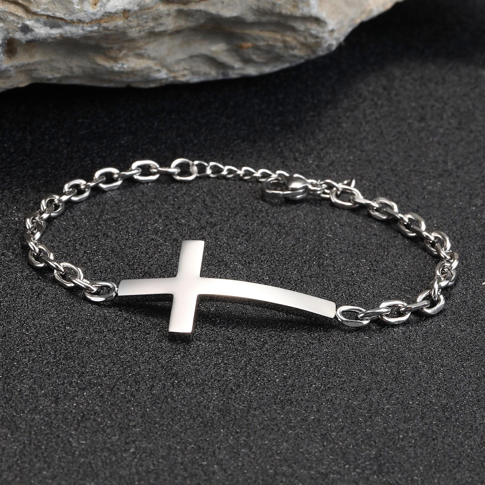 Cross Bracelets Rolo Link Chain Wristband Christ Faith Stainless Steel Mens Gift