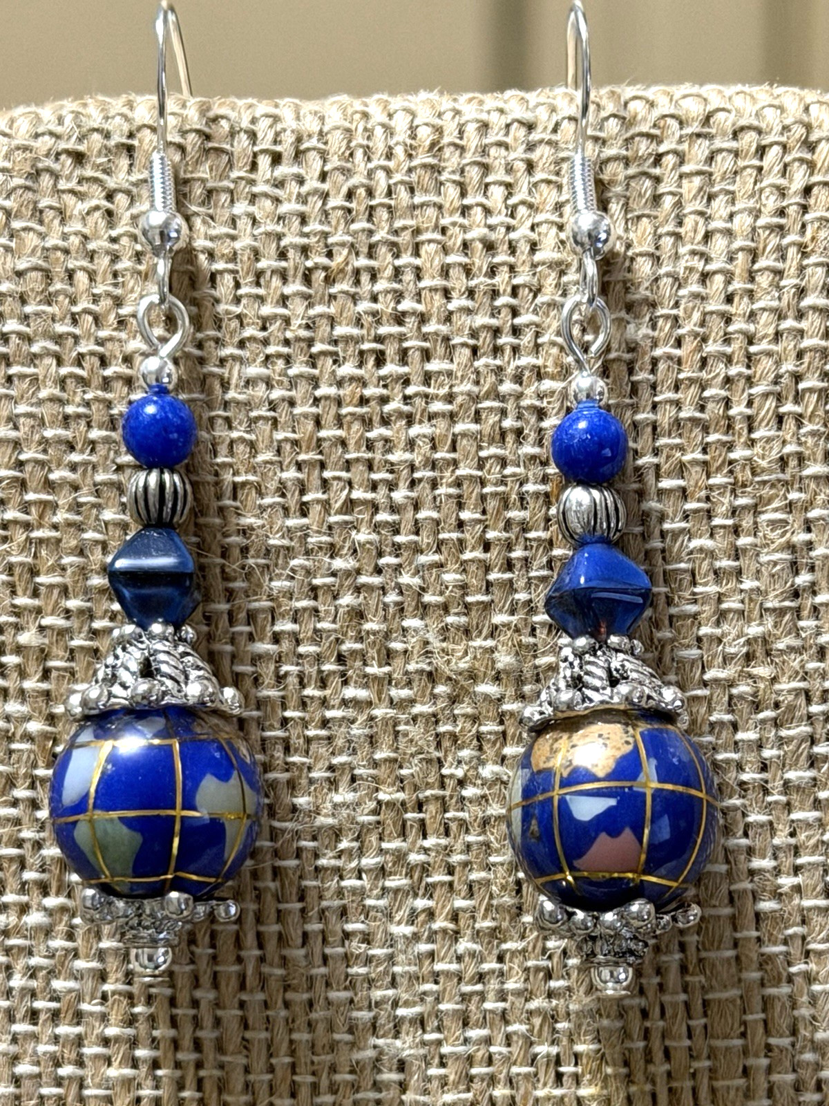 NEW ITEM*VTG.12MM BLUE LAPIS GEMSTONE INTARSIA GLOBE EARRINGS .925 EAR WIRES-NEW