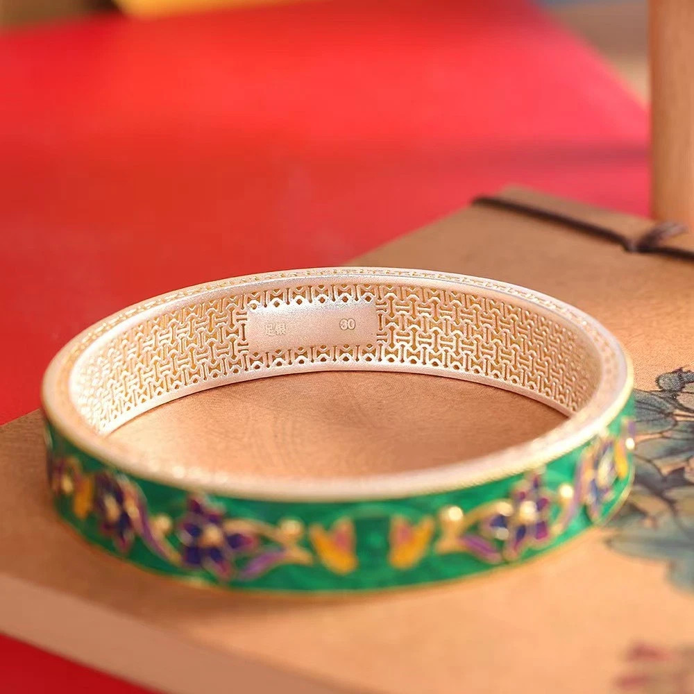 Pure S999 Fine Silver Bracelet 12mm Lucky Enamel Flower Bangle 34-35g ID:60mm