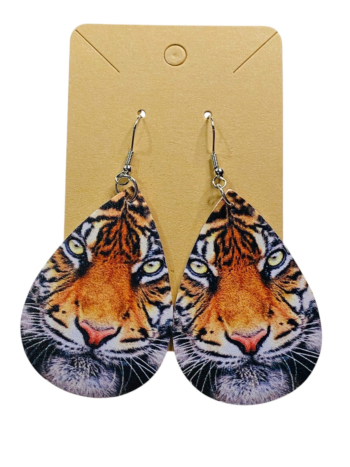Realistic Tiger Face Boutique Earrings 2.25”x 1.5”, 2 Sided, Faux Leather