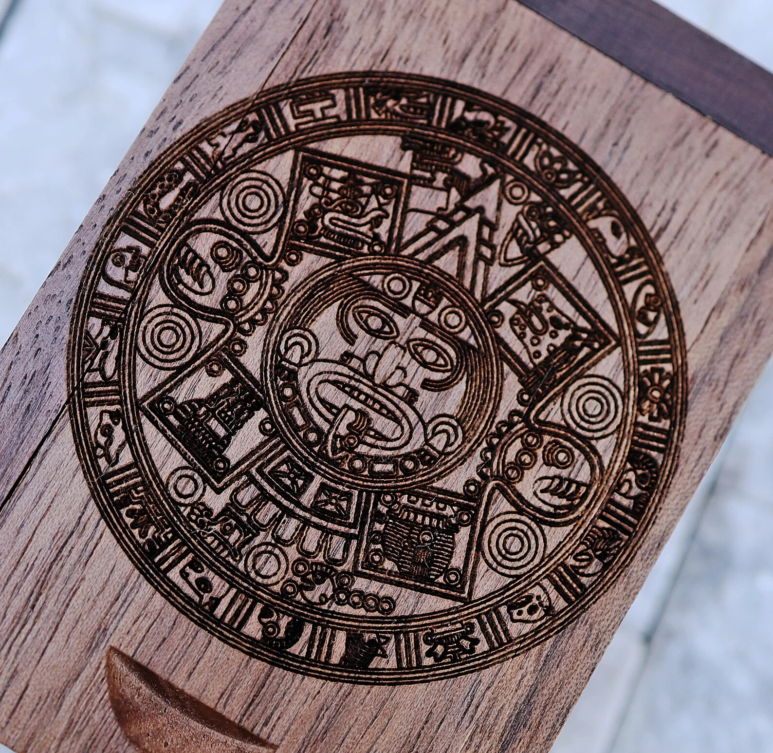 Engraved Walnut Wood Aztec Culture Calendar Rectangular Ring with Ring Box – 8mm