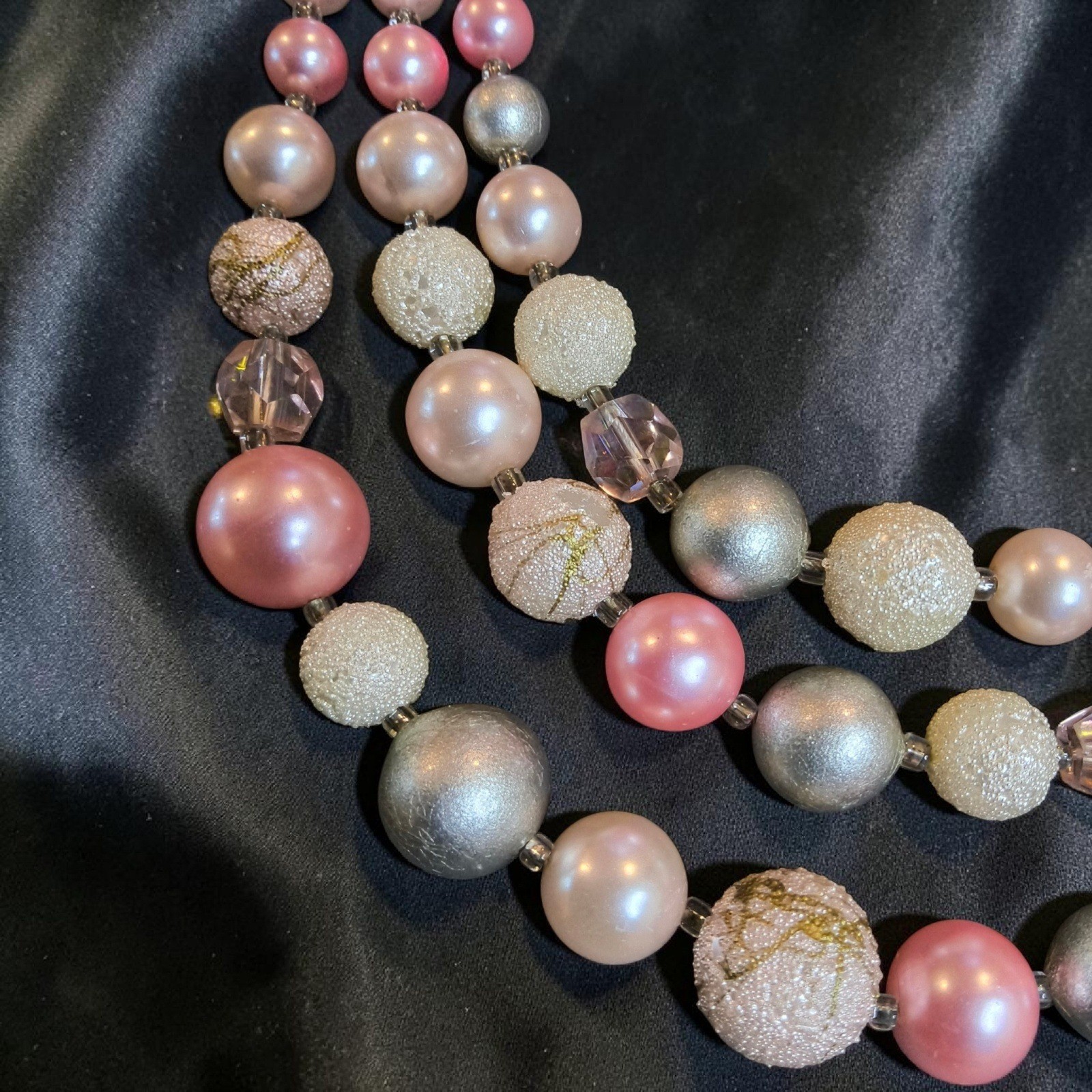 Vintage Japan-Stamped Pink Gray 3 Strand Beaded Bib Necklace Faux Pearl Crystal