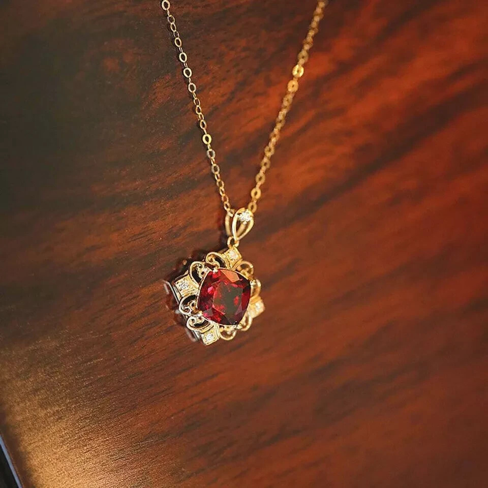 3Ct Cushion Cut Red Ruby Women’s Pendant 14K Yellow Gold Finish With Free Chain