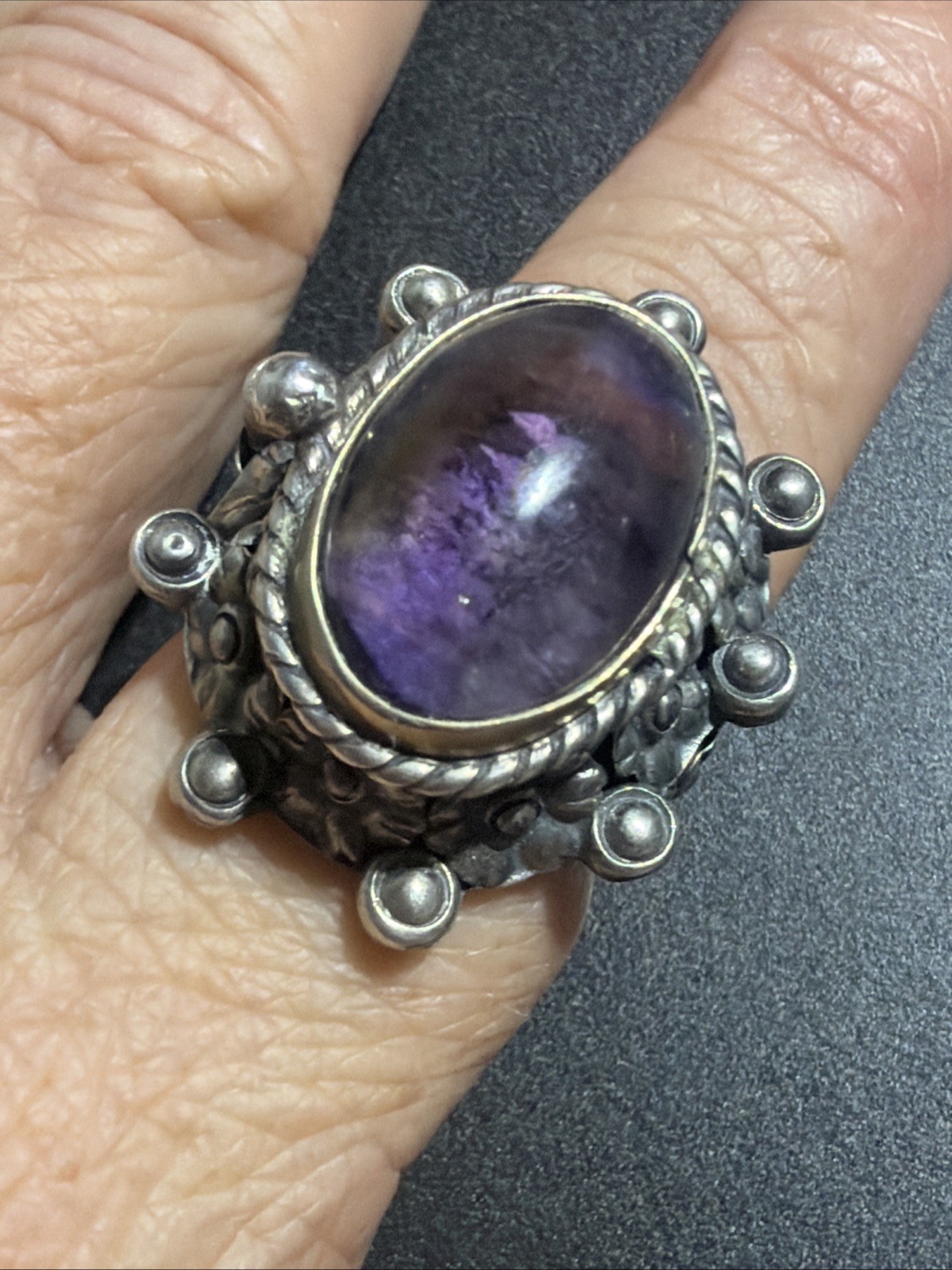 Large Taxco Sterling Silver Amethyst Poison Pill Box Goth Adjustable Ring