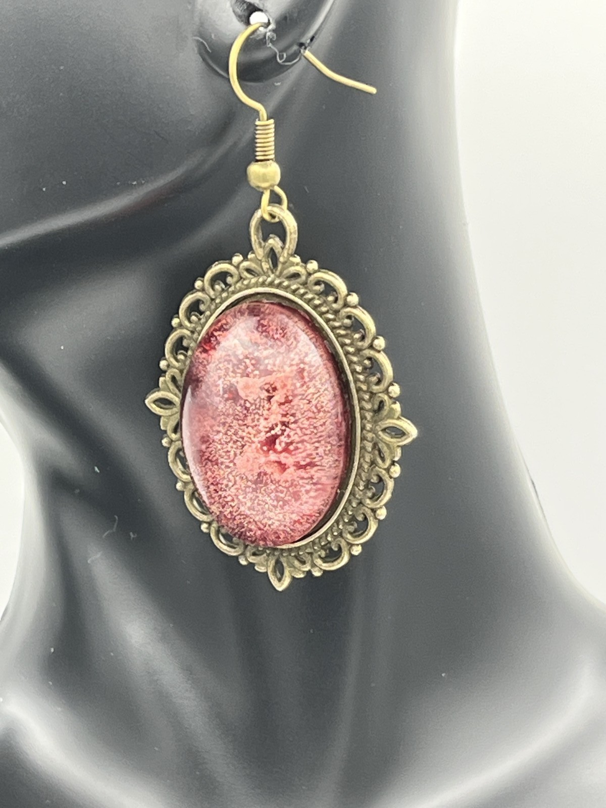 Custom gems in bronze bezel, salmon color and clear earrings, costume jewelry