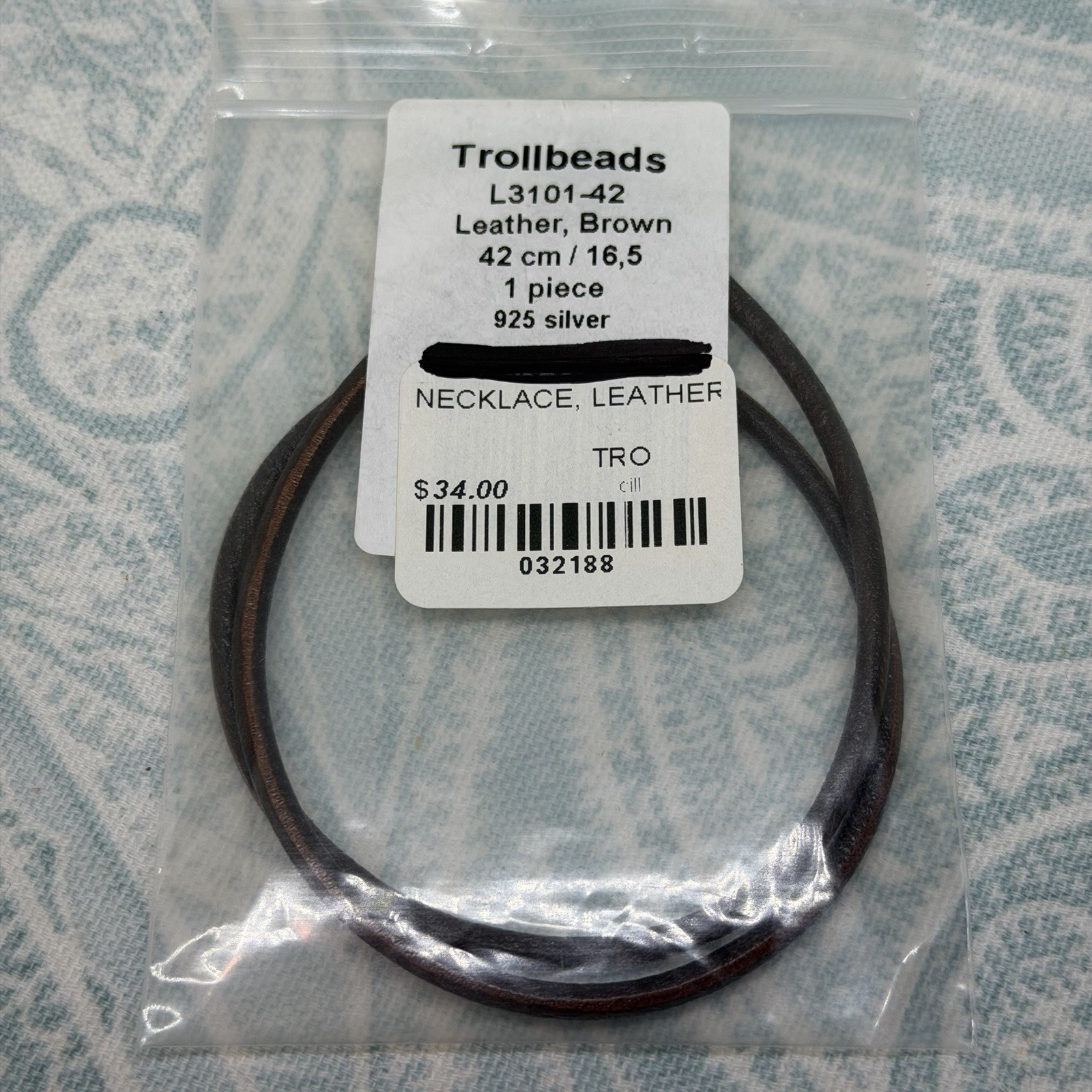 Authentic Trollbeads Brown Leather Necklace 16.5 inch/42 cm, New