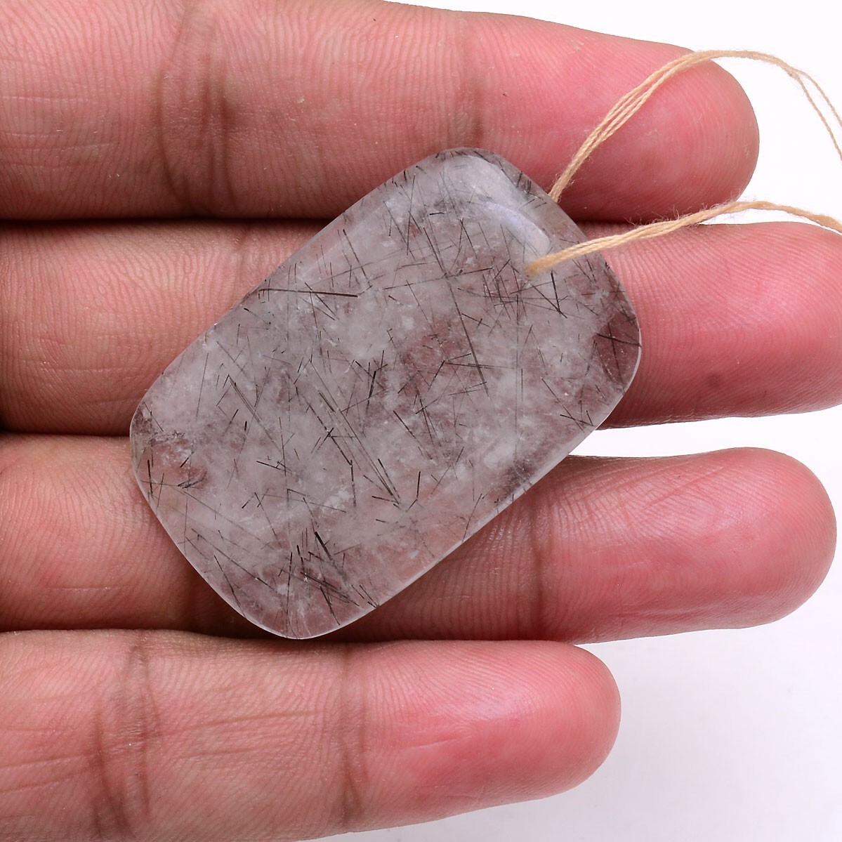 67.00 Cts Natural Rutile Quartz Black Needles Drilled Cushion Untreated Gemstone