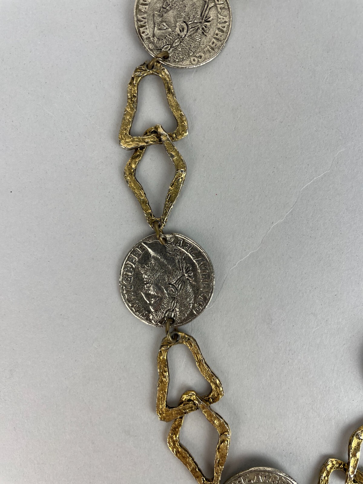 Vintage 1970’s Silver & gold tone Faux Roman Coins Long Rope style Necklace 18″