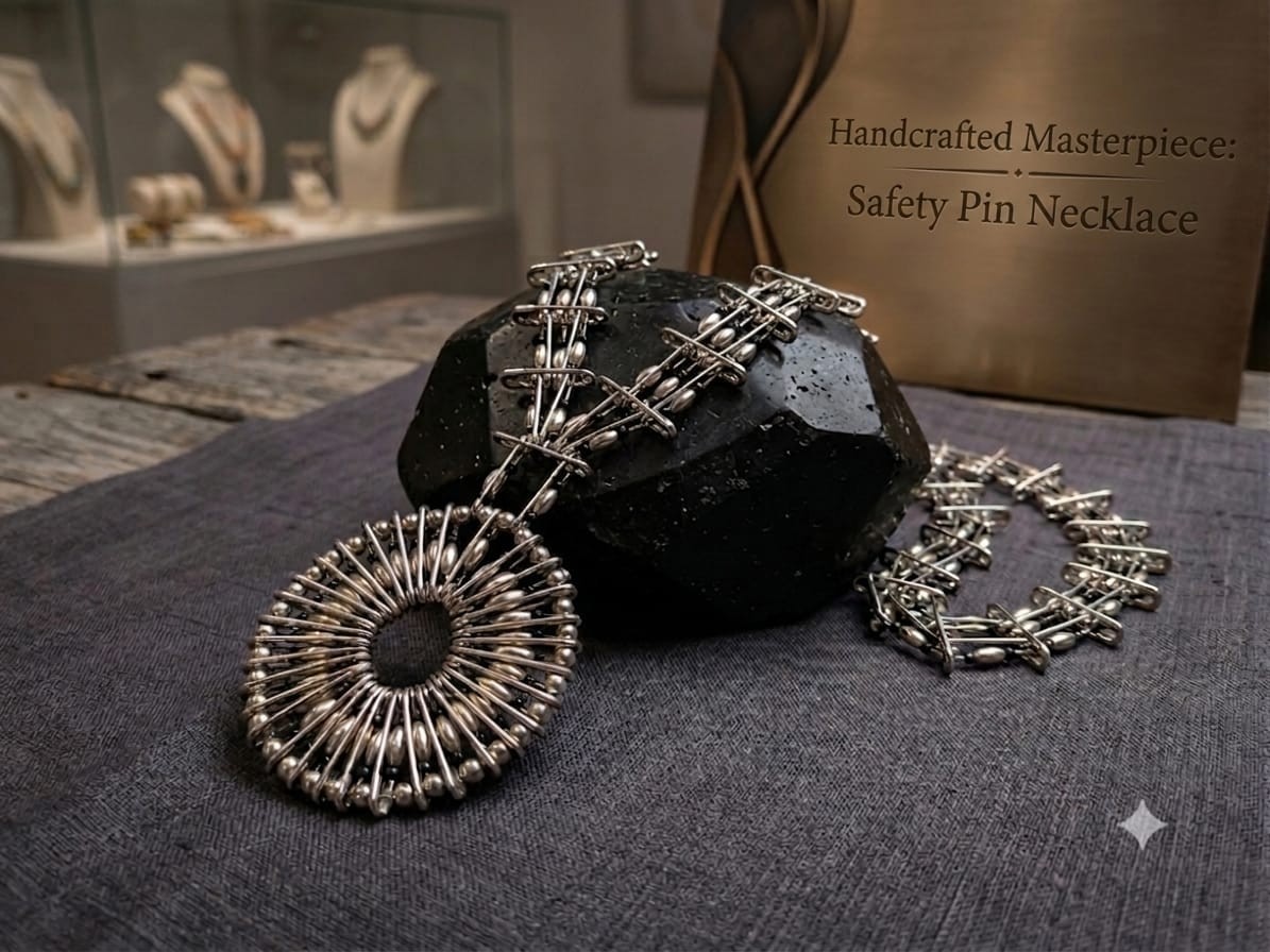 Unique Handmade Safety Pin Statement Necklace – Silver & Black Beaded Punk/Chic