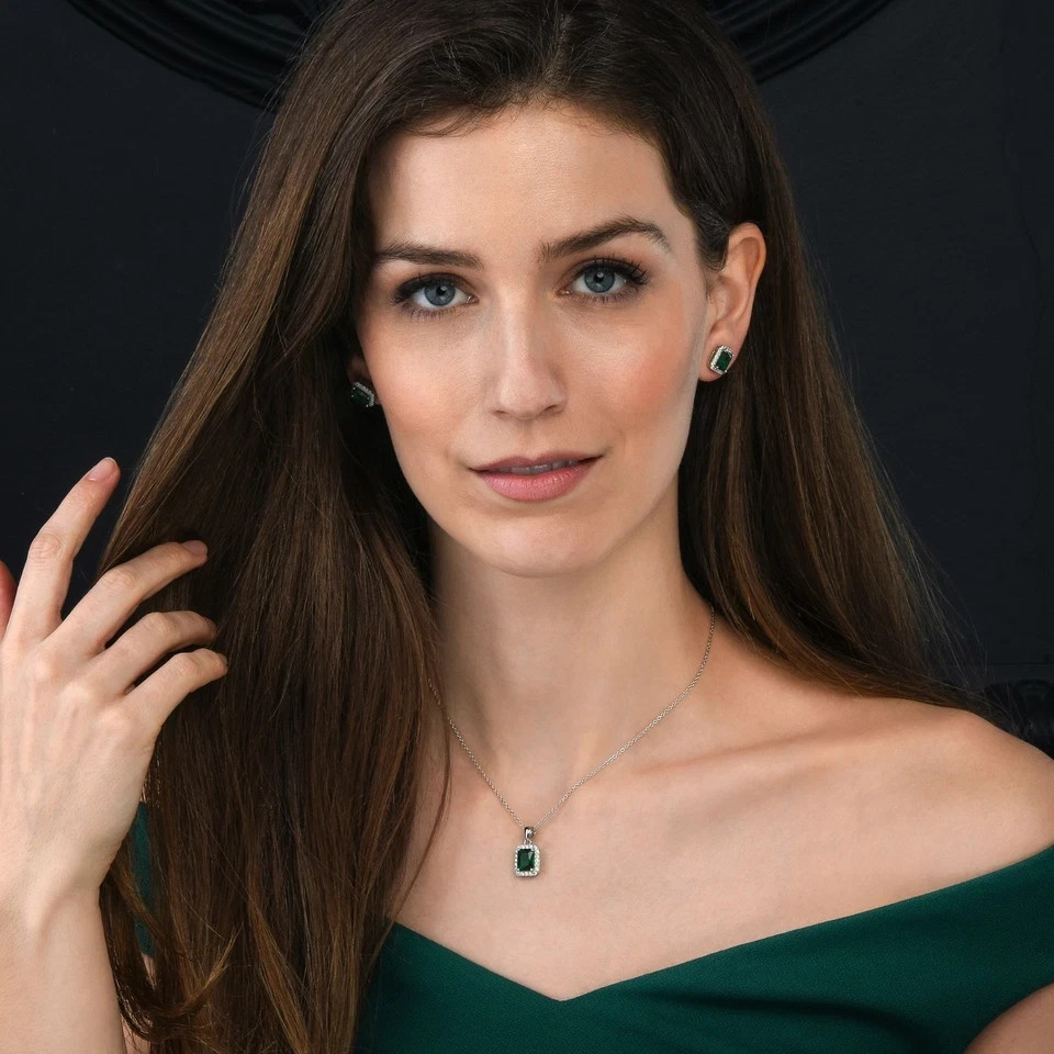 Sterling Silver Emerald Green Halo Pendant Necklace for Women