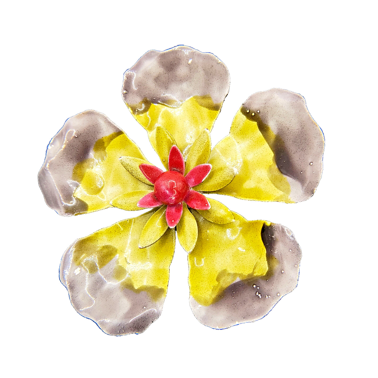 Vintage Hibiscus Flower Brooch Pin Enamel Black Gray Yellow Red 1960s-1970s MCM