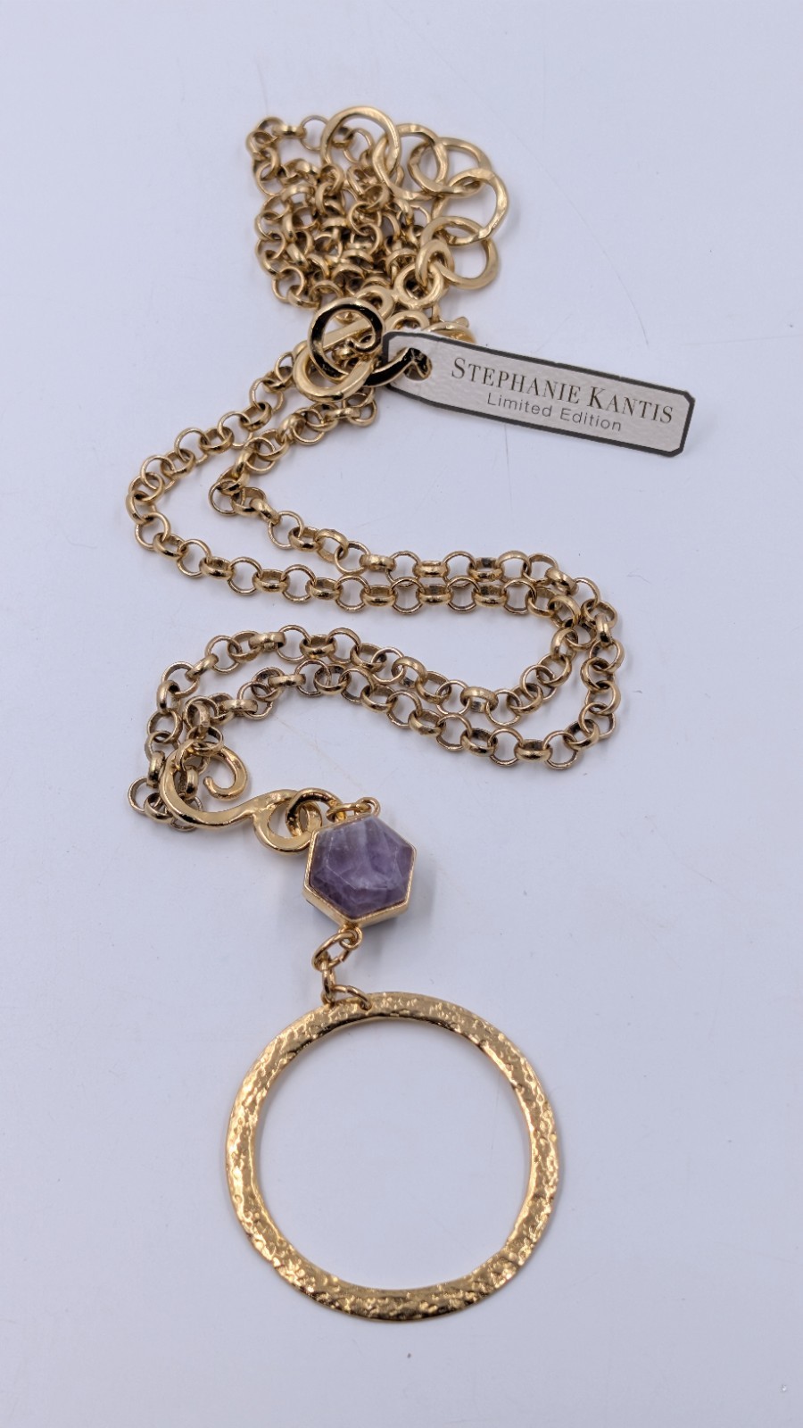 New STEPHANIE KANTIS Designer 24K Gold Plated AMETHYST HAMMERED CIRCLE PENDANT