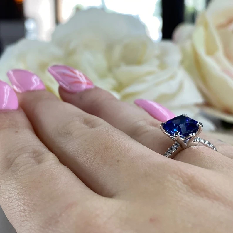2.30 Ct Princess Natural Sapphire & Diamond Wedding Ring 14K White Gold Size 5
