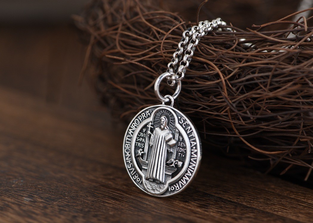 S925 Sterling Silver ST BENEDICT MEDAL Cross Pendant RELIGIOUS Protective Amulet
