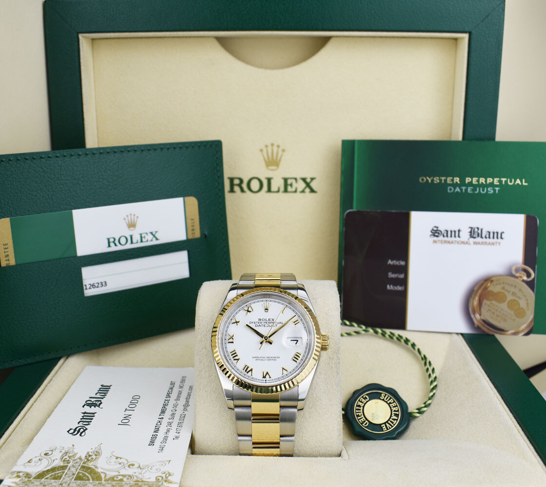 ROLEX – 18kt Gold & SS Datejust 36 White Roman BOX & CARD 126233 SANT BLANC