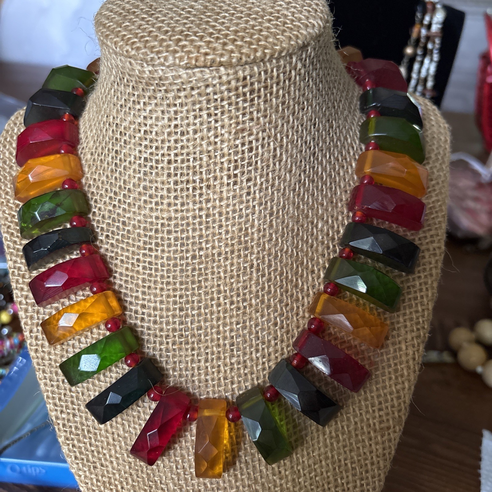 Vintage Tested Bakelite Faceted Geometric Necklace Red Green Amber 16” Lucite Sp