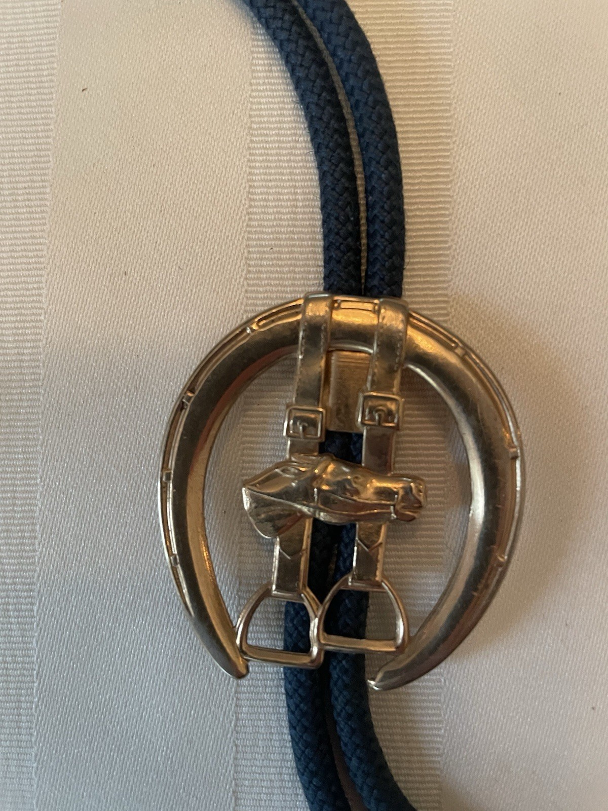 Western Blue Cord Horseshoe Bolo Tie Adjustable, Child Length, w Metal Tips