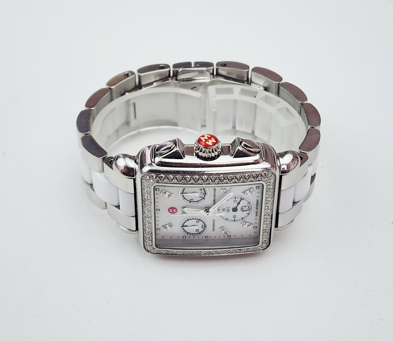 Women’s CHRONOGRAPH Watch MICHELE “Deco” MW06A01A1046. Diamonds Bezel. MOP Dial