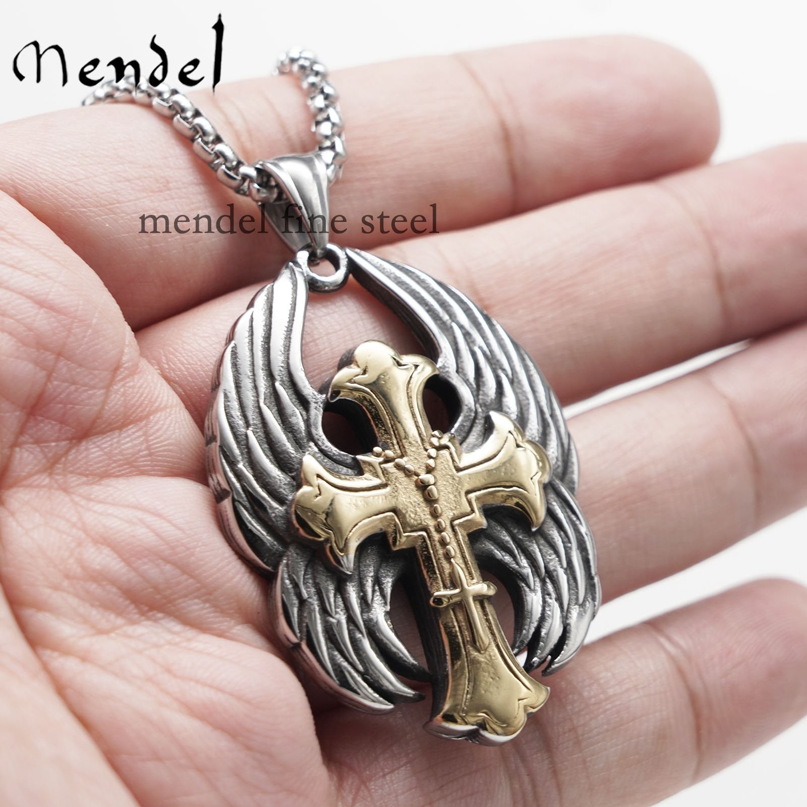 MENDEL Mens Angel Wings Biker Cross Pendant Necklace For Men Stainless Steel