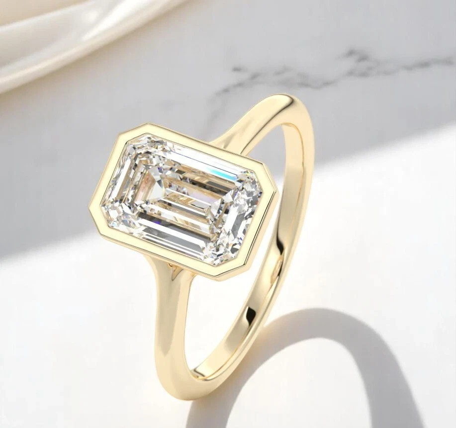 2.0CTW IGI Certified Emerald Cut Lab Grown Bezel Set Split Shank 14k Gold Ring