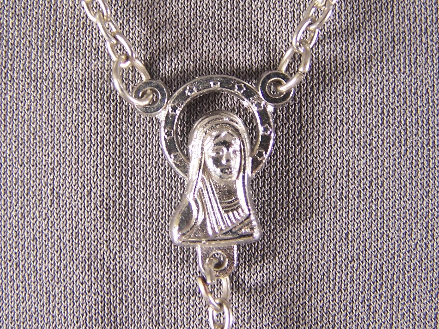Black faux pearl glass bead beaded rosary silver cross 30″ long necklace