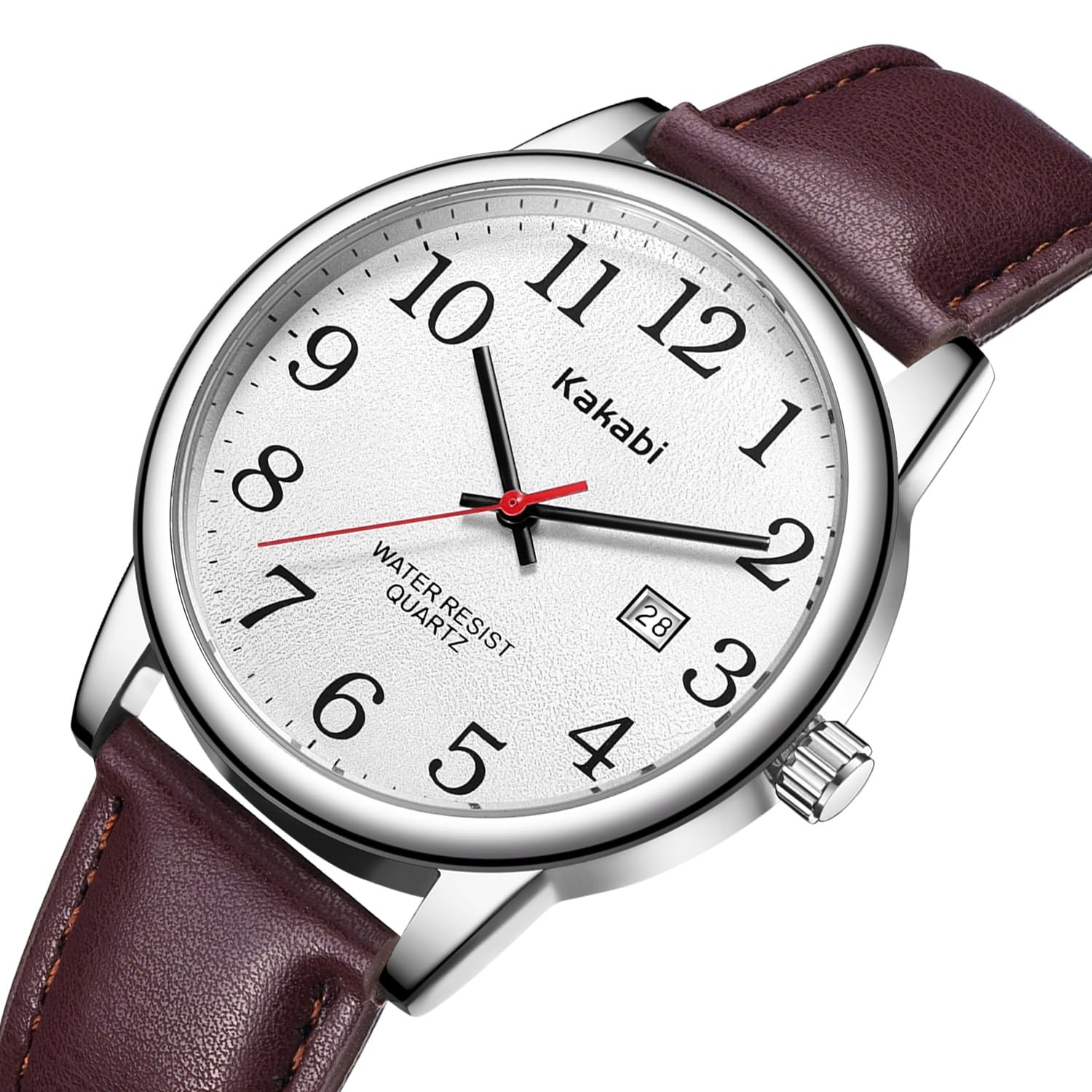 Kakabi Watch for Men, Easy Reader Unisex 03-Reddish-brown/Silver-Tone/White