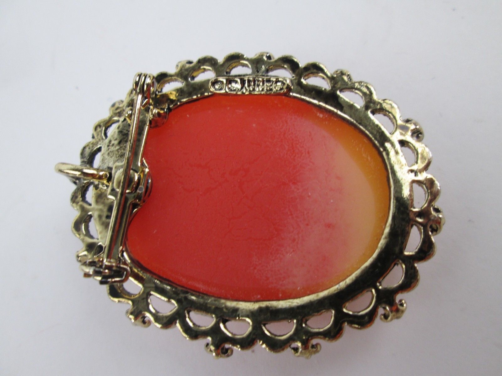 Vtg CAMEO Pink Resin Pendant BROOCH Carved Flower Signed GERRY’S