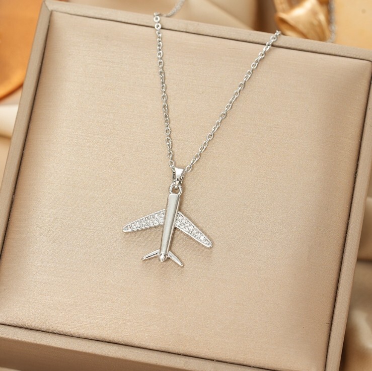 Trendy Titanium Silver/Gold Airplane Aircraft Plane CZ Pendant Chain Necklace